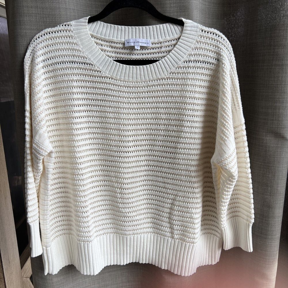 White + Warren Large Open Knit White Oversized Sweater With Gold Thread …